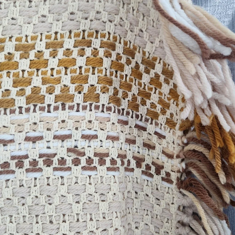 Vintage Woven Striped Throw Blanket Mustard Cream Brown Boho Earthy Fringe 45x56